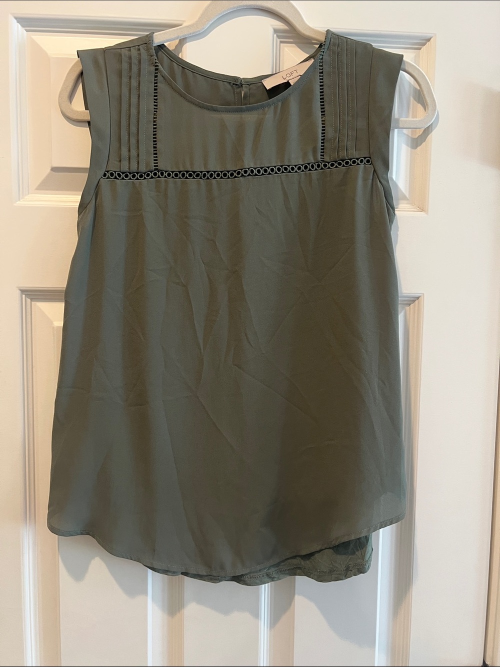 LOFT Olive Pintuck Shell with Eyelet Trim